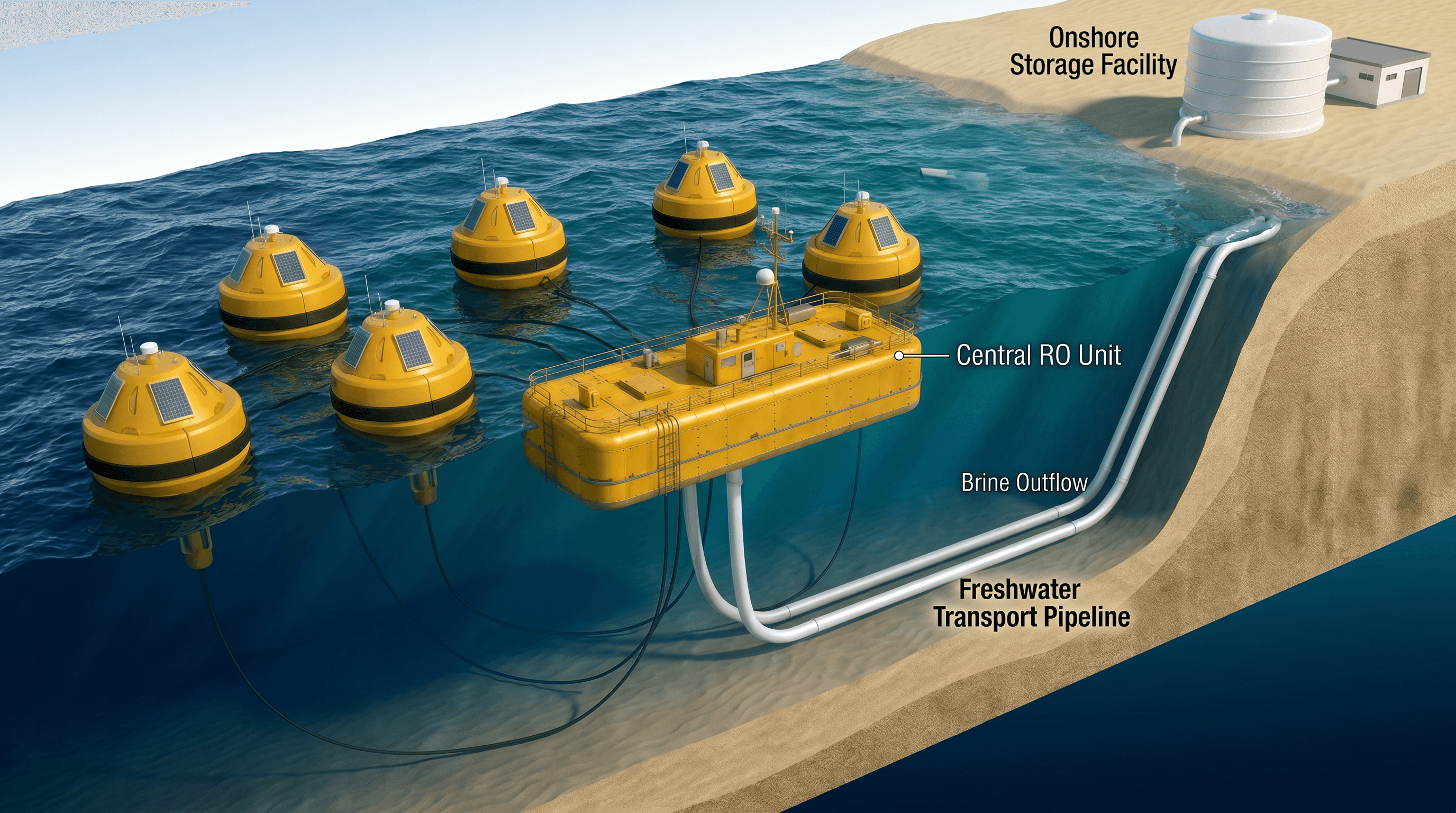 Havstraum offshore wave-powered desalination system layout showing buoy units, central reverse osmosis unit, pipelines, brine outflow, and onshore storage